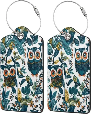 2 Pack Leather Luggage Tag, Cute Owl Leaves 4 Luggage Tags for Suitcases, Privacy Protection ID Card, Travel Accessories Essential