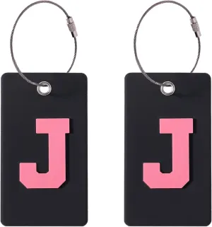 2 Pcs Silicone Luggage Tags with Glitter Initials, Travel Accessories for Suitcases, Backpacks, ID Tags for Men, Women, Business, Holiday Travel (Black/Pink, J)