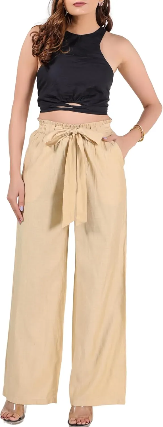 2025 Women's Wide Leg Summer Palazzo Pants with Pockets High Waist Adjustable Knot Flowy Casual Lounge Beach Trousers