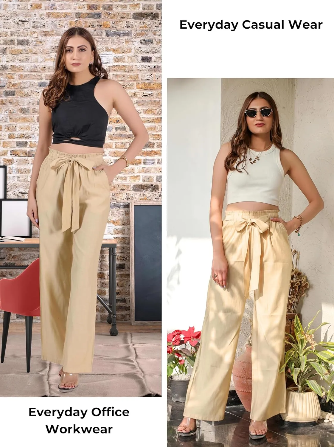 2025 Women's Wide Leg Summer Palazzo Pants with Pockets High Waist Adjustable Knot Flowy Casual Lounge Beach Trousers