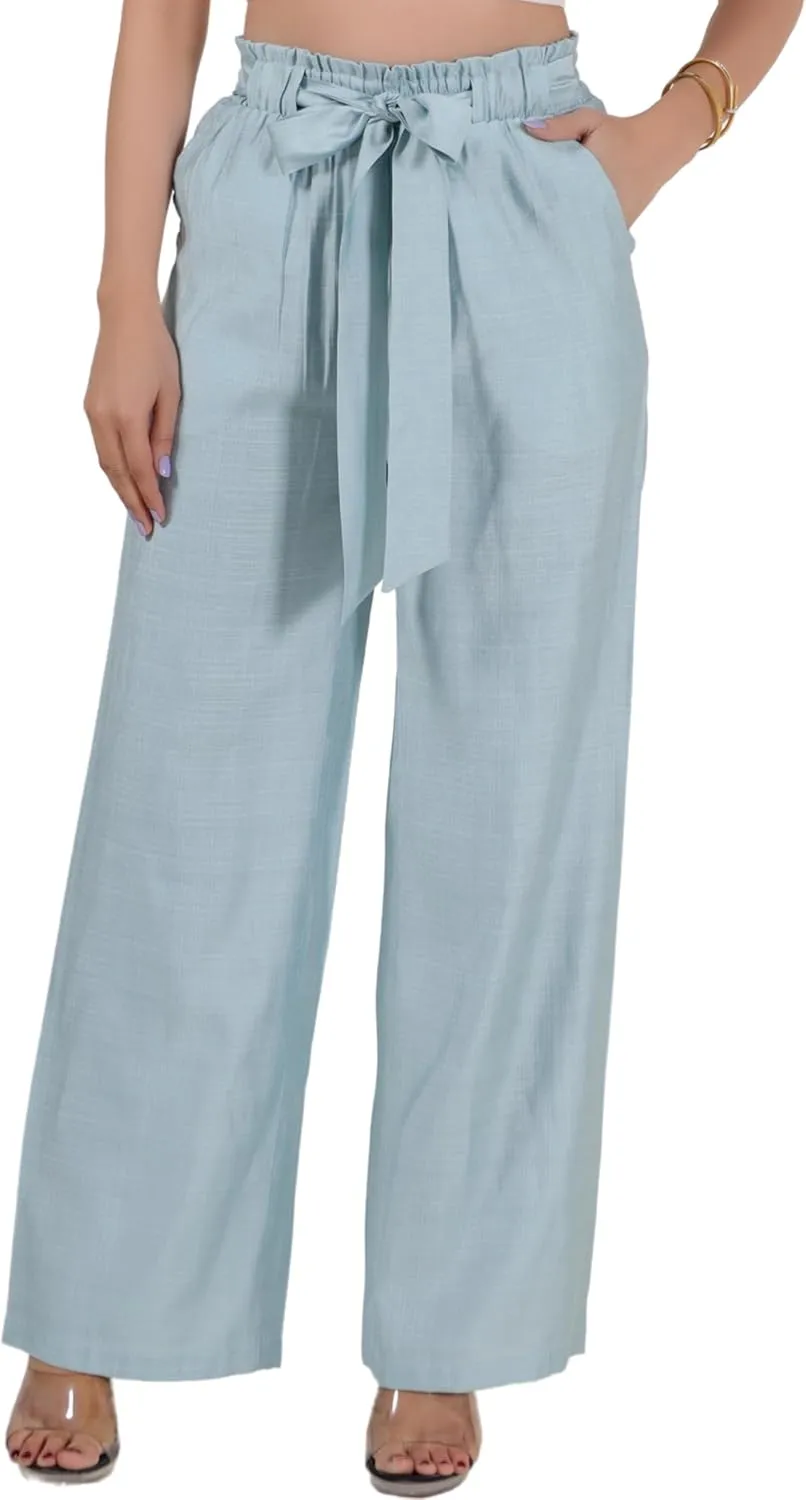 2025 Women's Wide Leg Summer Palazzo Pants with Pockets High Waist Adjustable Knot Flowy Casual Lounge Beach Trousers