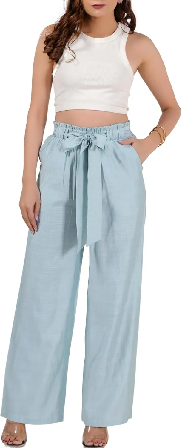 2025 Women's Wide Leg Summer Palazzo Pants with Pockets High Waist Adjustable Knot Flowy Casual Lounge Beach Trousers