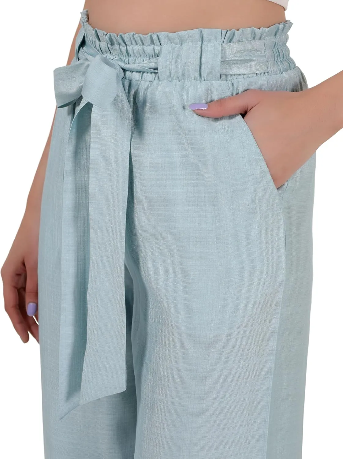 2025 Women's Wide Leg Summer Palazzo Pants with Pockets High Waist Adjustable Knot Flowy Casual Lounge Beach Trousers