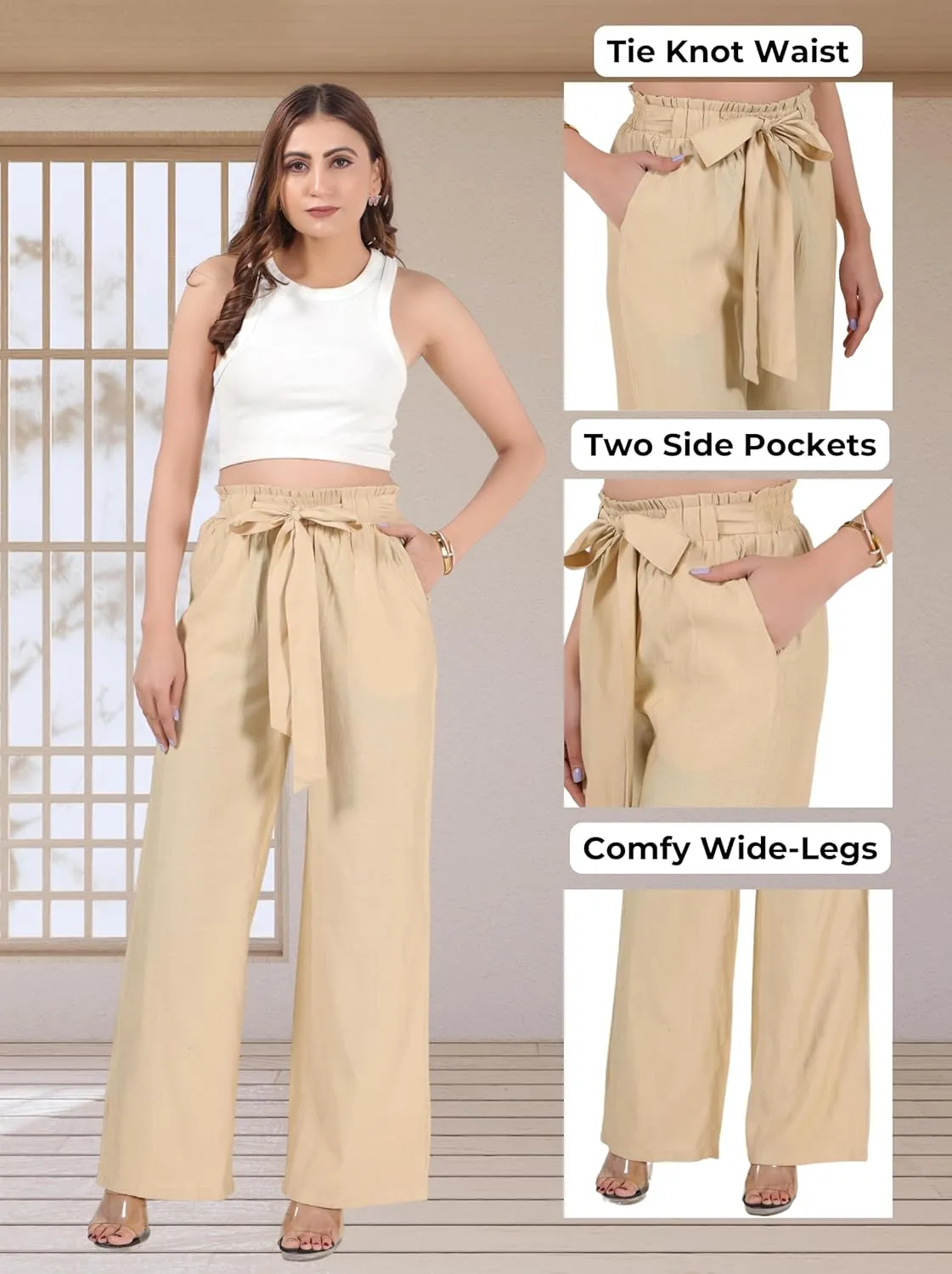 2025 Women's Wide Leg Summer Palazzo Pants with Pockets High Waist Adjustable Knot Flowy Casual Lounge Beach Trousers