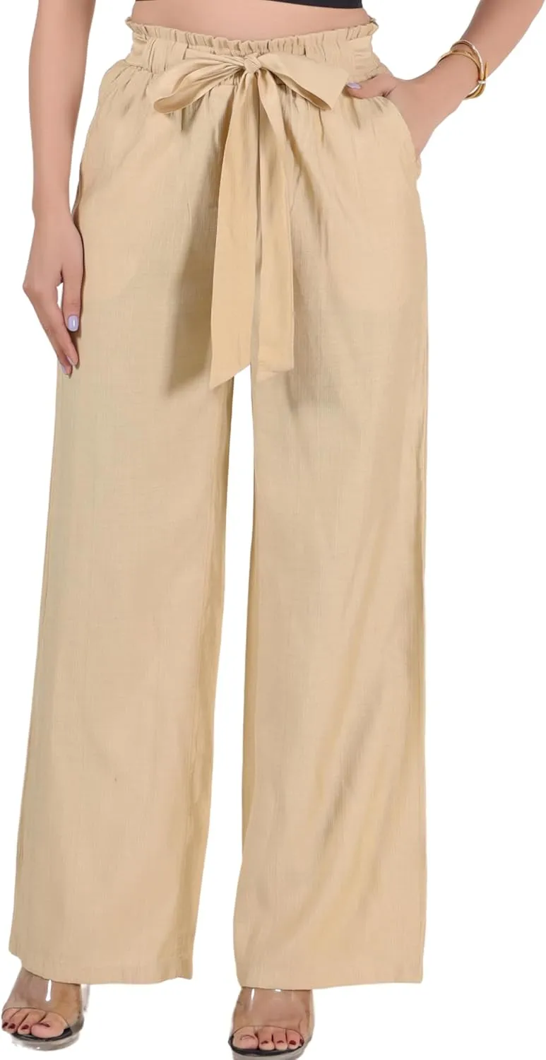 2025 Women's Wide Leg Summer Palazzo Pants with Pockets High Waist Adjustable Knot Flowy Casual Lounge Beach Trousers