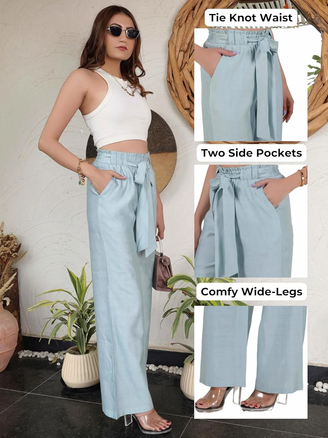 2025 Women's Wide Leg Summer Palazzo Pants with Pockets High Waist Adjustable Knot Flowy Casual Lounge Beach Trousers