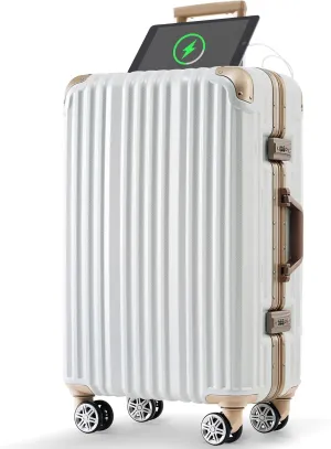 24in Carry-On Suitcase with USB Port, Spinner Wheels, and Unique Cup Holder, Gloss White