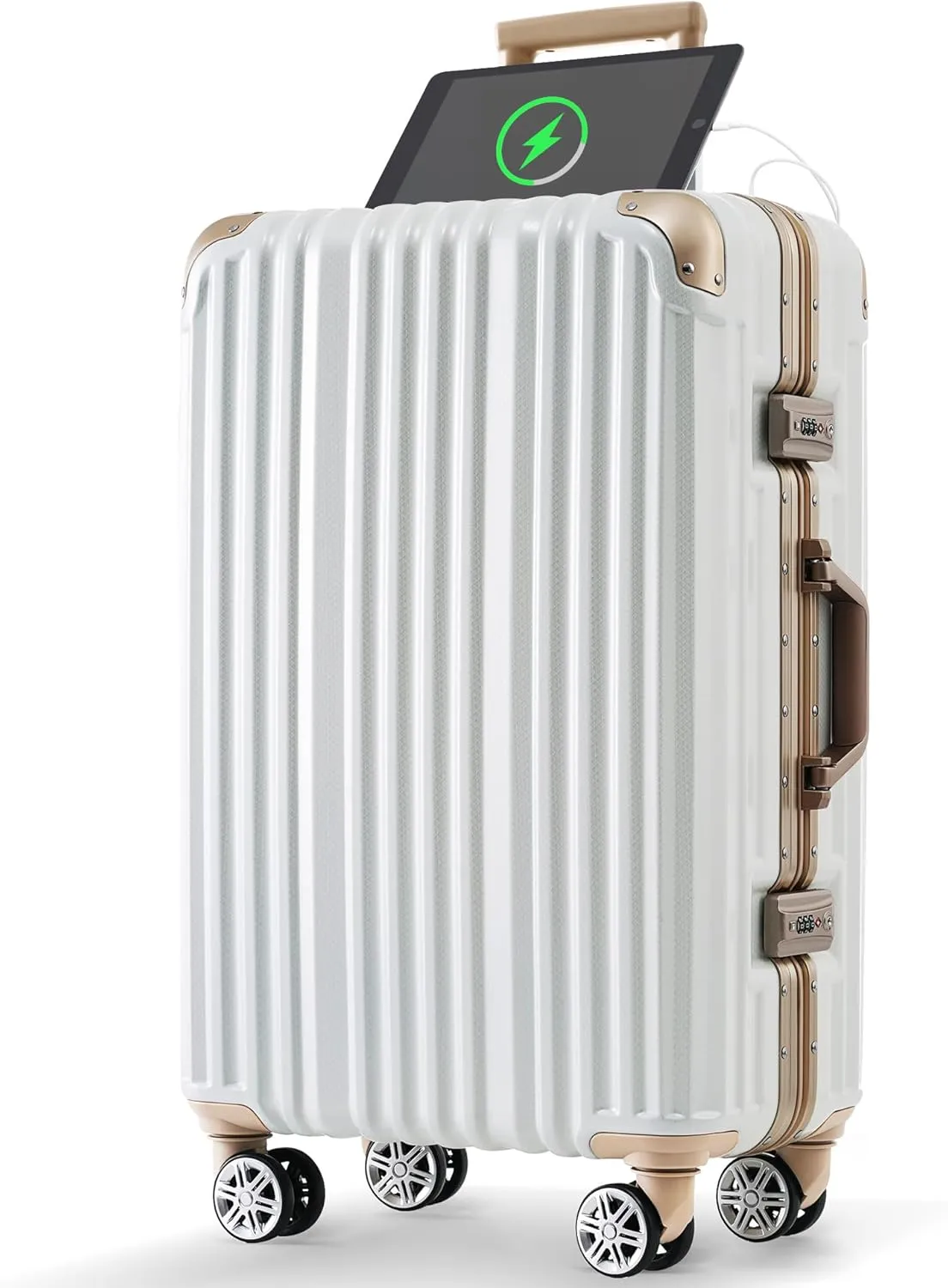 24in Carry-On Suitcase with USB Port, Spinner Wheels, and Unique Cup Holder, Gloss White