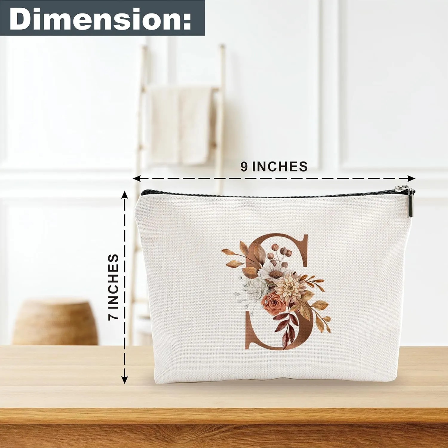 A-Z Boho Personalized Cosmetic Bag-Floral Cotton Letter Makeup Bag With Zipper-Artistic Cosmetic Bag For Travel-Bride,Birthday Gift For Women Daughter Friends-Women Makeup Organizer-A19