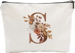 A-Z Boho Personalized Cosmetic Bag-Floral Cotton Letter Makeup Bag With Zipper-Artistic Cosmetic Bag For Travel-Bride,Birthday Gift For Women Daughter Friends-Women Makeup Organizer-A19