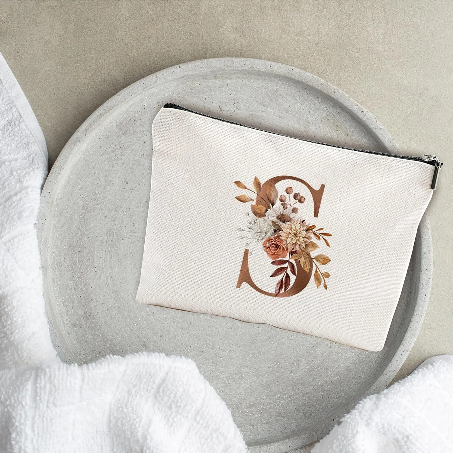 A-Z Boho Personalized Cosmetic Bag-Floral Cotton Letter Makeup Bag With Zipper-Artistic Cosmetic Bag For Travel-Bride,Birthday Gift For Women Daughter Friends-Women Makeup Organizer-A19