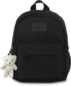 Aesthetic Black Backpack for Adult Book Bag Back Packs Lightweight with Bear Pendant and Pins(Small)