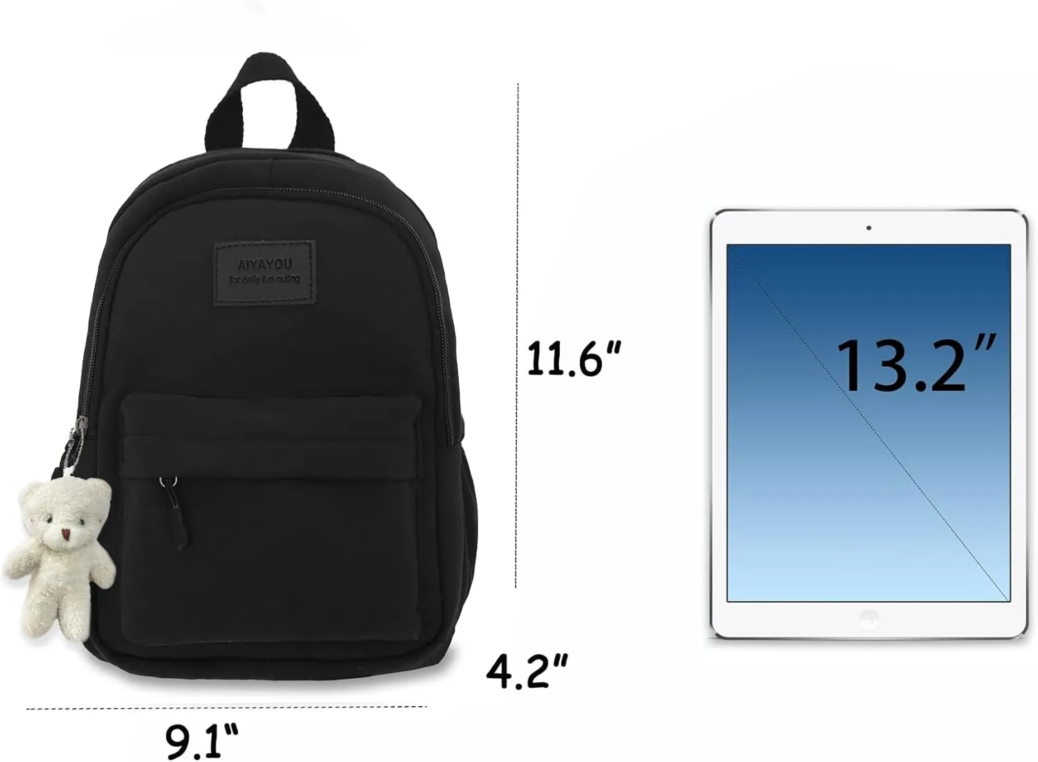 Aesthetic Black Backpack for Adult Book Bag Back Packs Lightweight with Bear Pendant and Pins(Small)