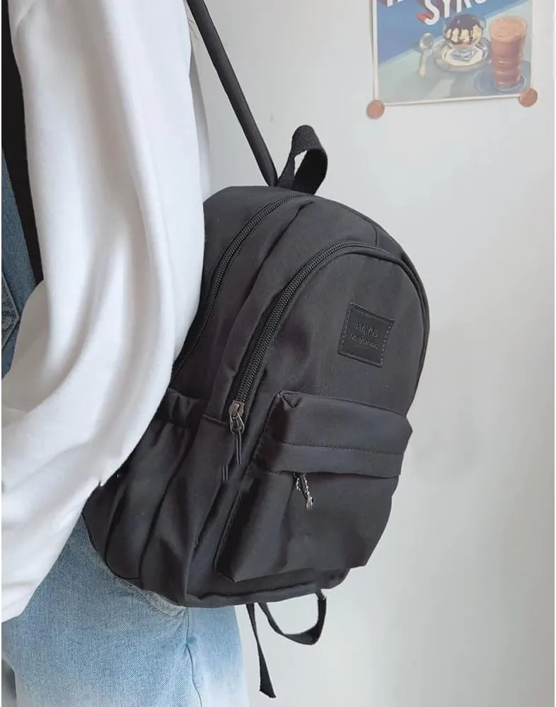 Aesthetic Black Backpack for Adult Book Bag Back Packs Lightweight with Bear Pendant and Pins(Small)