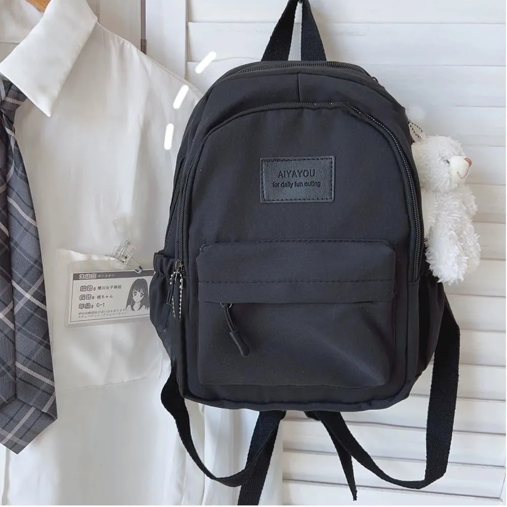 Aesthetic Black Backpack for Adult Book Bag Back Packs Lightweight with Bear Pendant and Pins(Small)