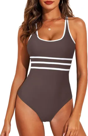 Aleumdr Women's Color Block One Piece Athletic Swimsuit Sports Tummy Control Cheeky High Cut Bathing Suits