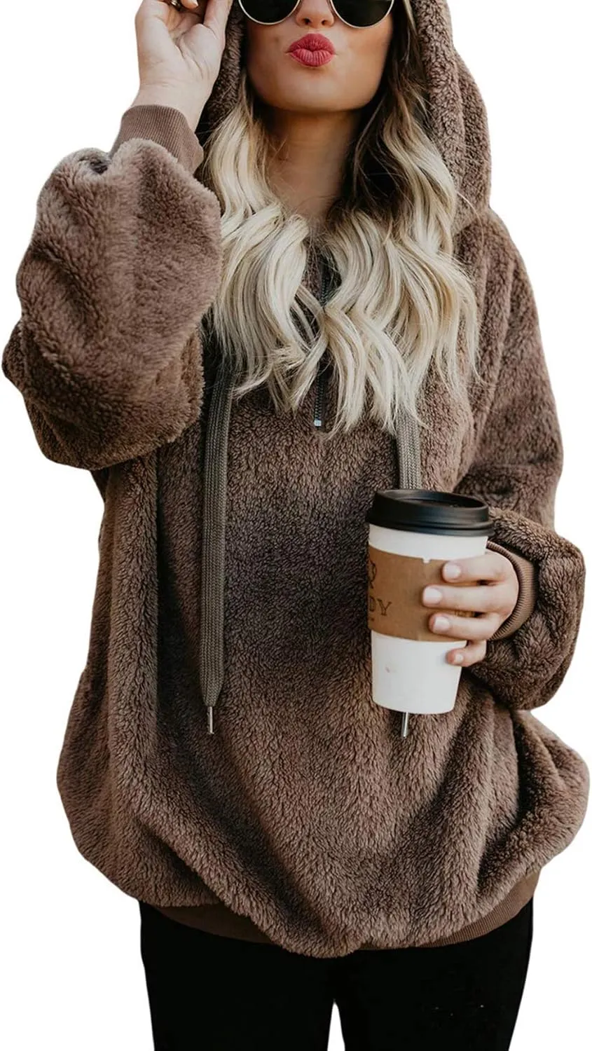 American Trends Womens Fleece Hoodies Zipper Athletic Hoodie Sweatshirt Comfy Pockets Oversized Pullover Fluffy Coat Brown XL