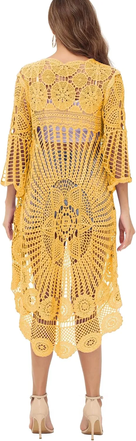Anna-Kaci Women's Crochet Long Vest Boho Short Sleeve Kimono Cardigan Swimwear Cover up
