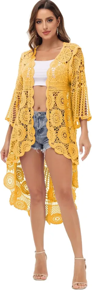 Anna-Kaci Women's Crochet Long Vest Boho Short Sleeve Kimono Cardigan Swimwear Cover up