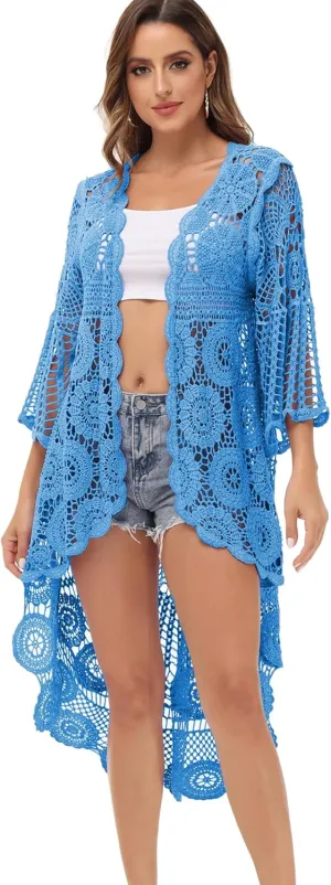 Anna-Kaci Women's Crochet Long Vest Boho Short Sleeve Kimono Cardigan Swimwear Cover up