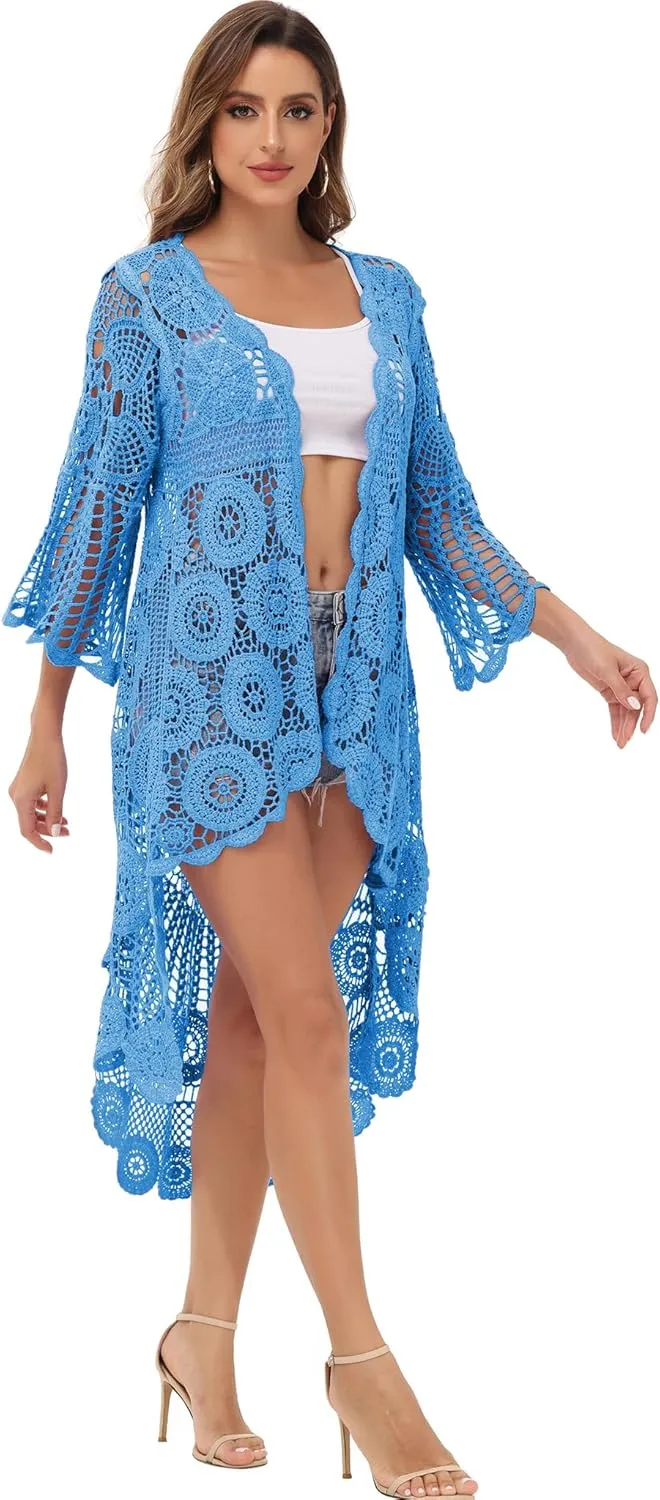 Anna-Kaci Women's Crochet Long Vest Boho Short Sleeve Kimono Cardigan Swimwear Cover up