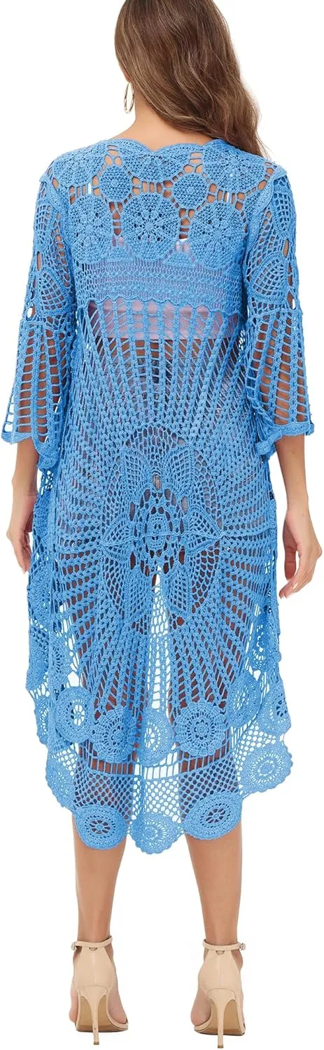 Anna-Kaci Women's Crochet Long Vest Boho Short Sleeve Kimono Cardigan Swimwear Cover up