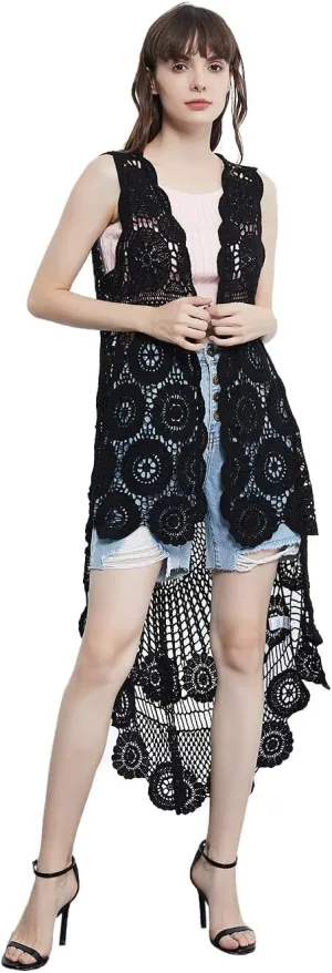 Anna-Kaci Womens Hippie Bohemian Floral Crochet Lace Trim Sleeveless Vest Cardigan