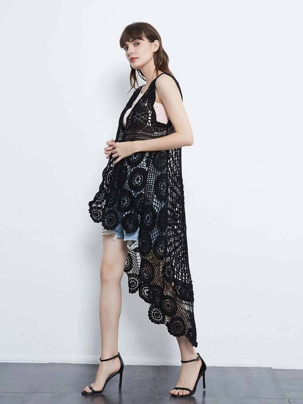 Anna-Kaci Womens Hippie Bohemian Floral Crochet Lace Trim Sleeveless Vest Cardigan