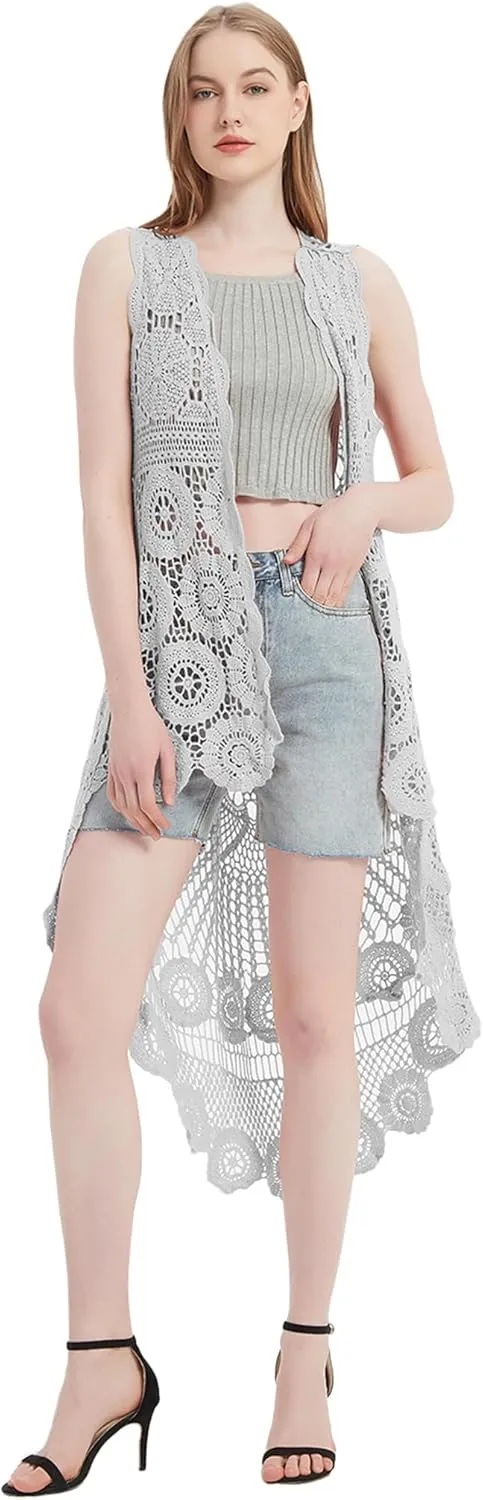 Anna-Kaci Womens Hippie Bohemian Floral Crochet Lace Trim Sleeveless Vest Cardigan
