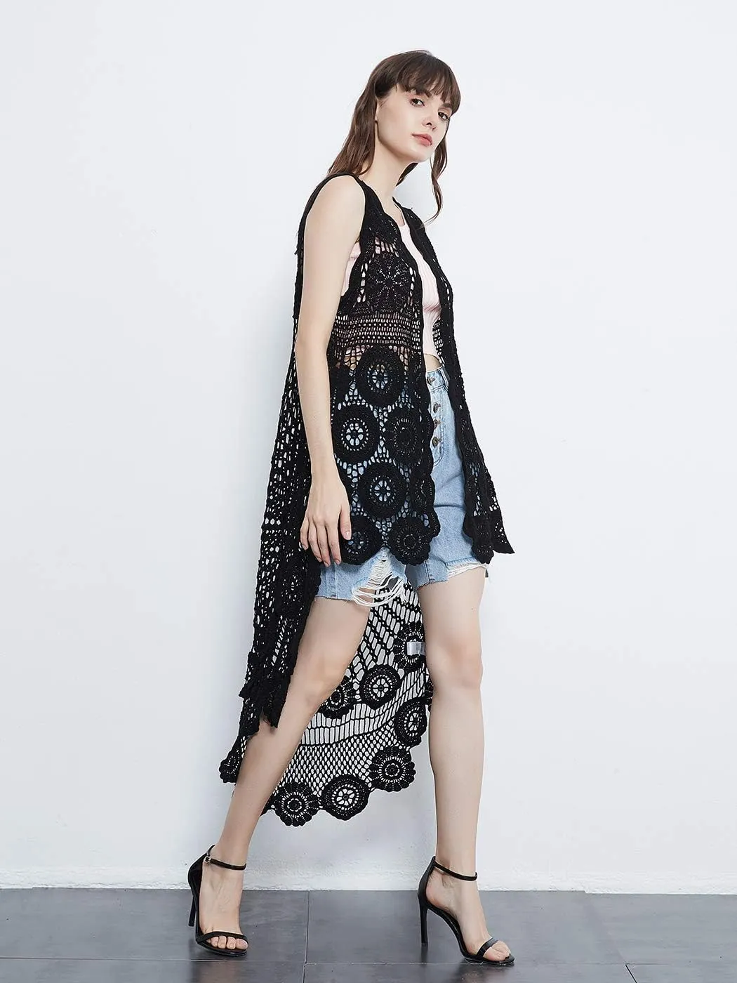 Anna-Kaci Womens Hippie Bohemian Floral Crochet Lace Trim Sleeveless Vest Cardigan