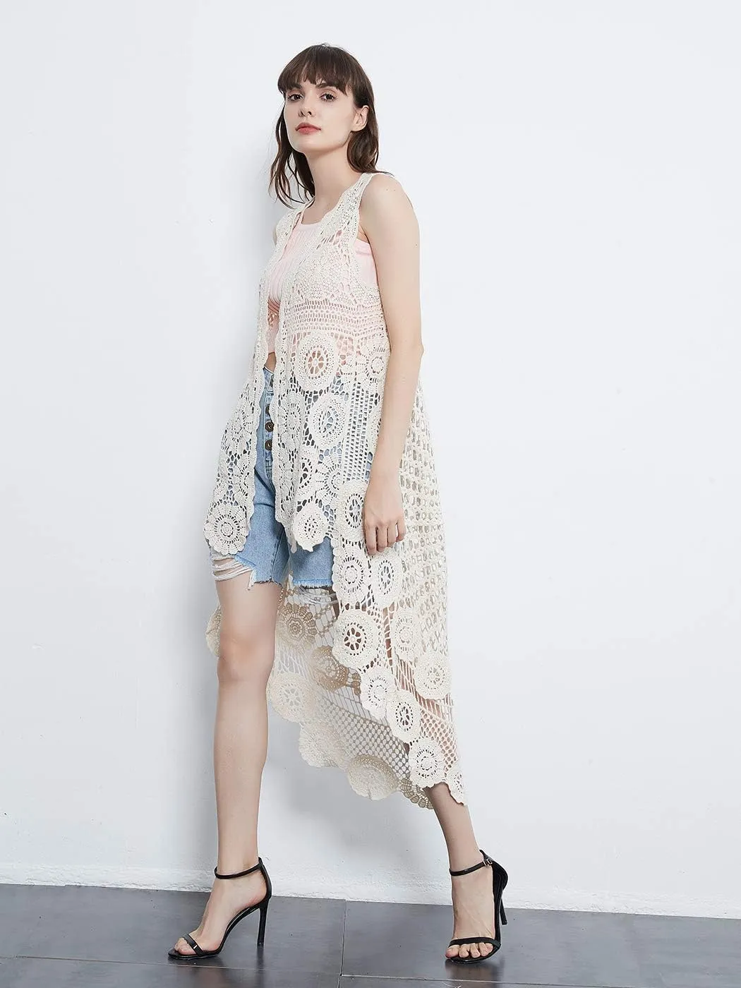Anna-Kaci Womens Hippie Bohemian Floral Crochet Lace Trim Sleeveless Vest Cardigan