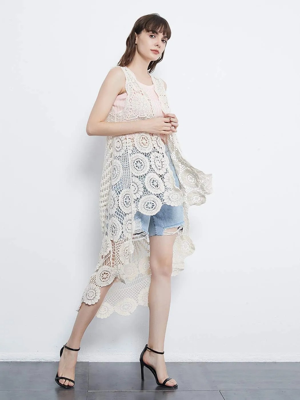 Anna-Kaci Womens Hippie Bohemian Floral Crochet Lace Trim Sleeveless Vest Cardigan