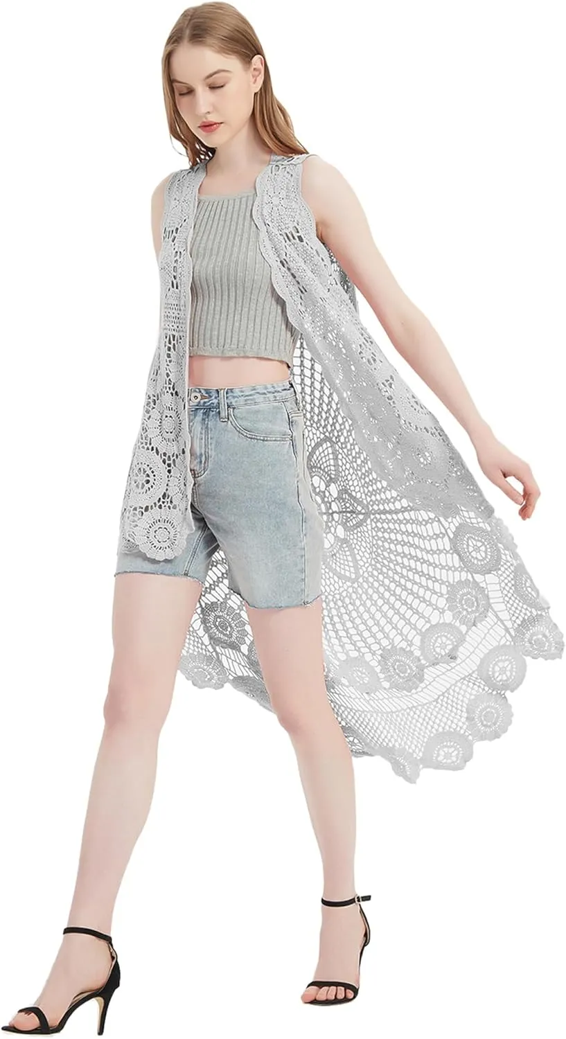Anna-Kaci Womens Hippie Bohemian Floral Crochet Lace Trim Sleeveless Vest Cardigan