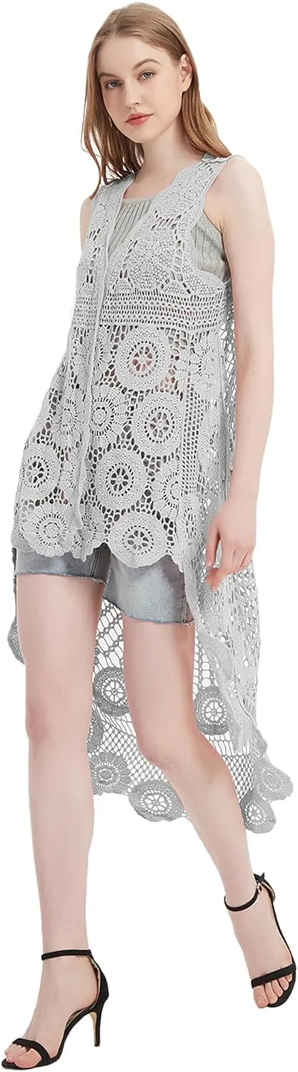 Anna-Kaci Womens Hippie Bohemian Floral Crochet Lace Trim Sleeveless Vest Cardigan
