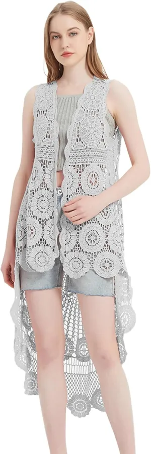 Anna-Kaci Womens Hippie Bohemian Floral Crochet Lace Trim Sleeveless Vest Cardigan