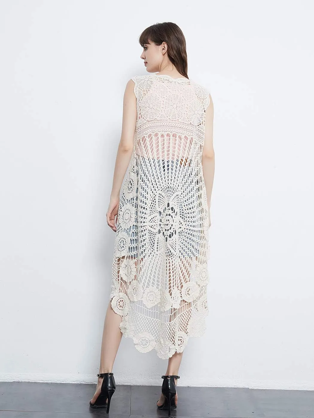 Anna-Kaci Womens Hippie Bohemian Floral Crochet Lace Trim Sleeveless Vest Cardigan