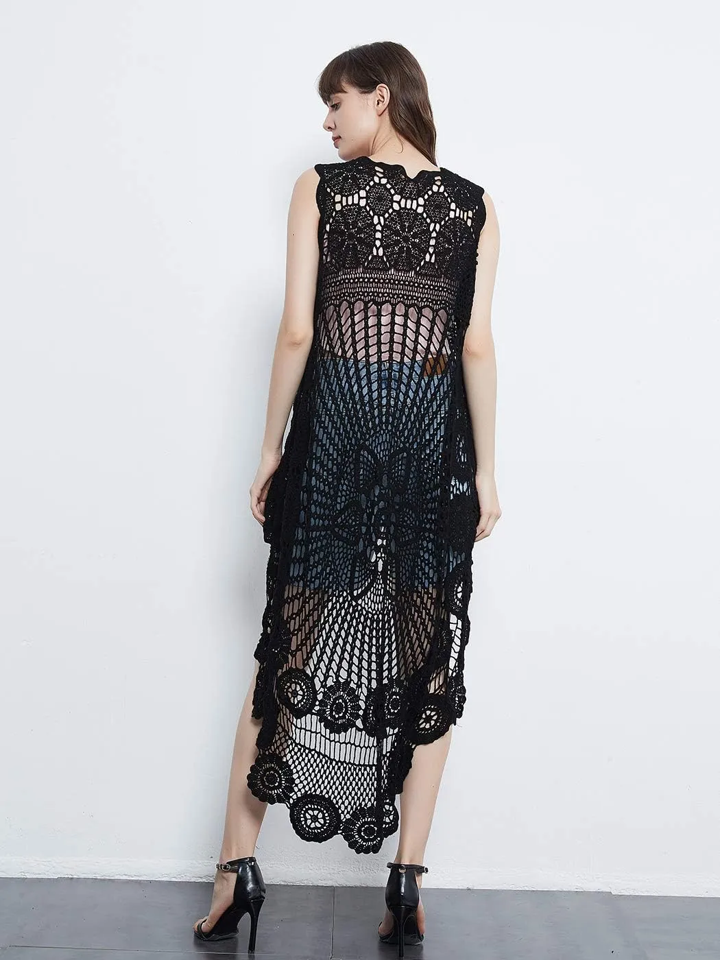 Anna-Kaci Womens Hippie Bohemian Floral Crochet Lace Trim Sleeveless Vest Cardigan