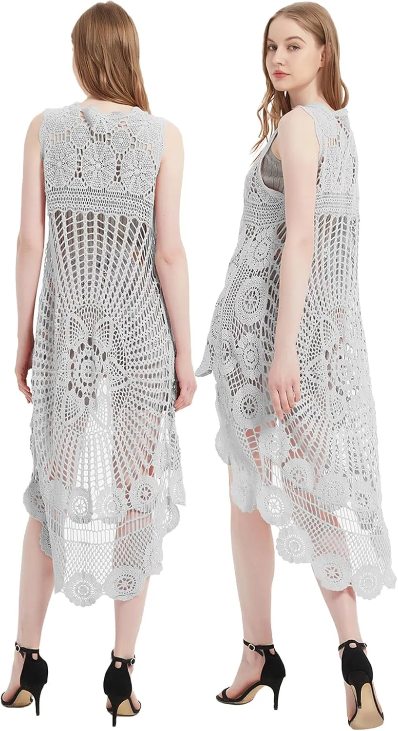 Anna-Kaci Womens Hippie Bohemian Floral Crochet Lace Trim Sleeveless Vest Cardigan