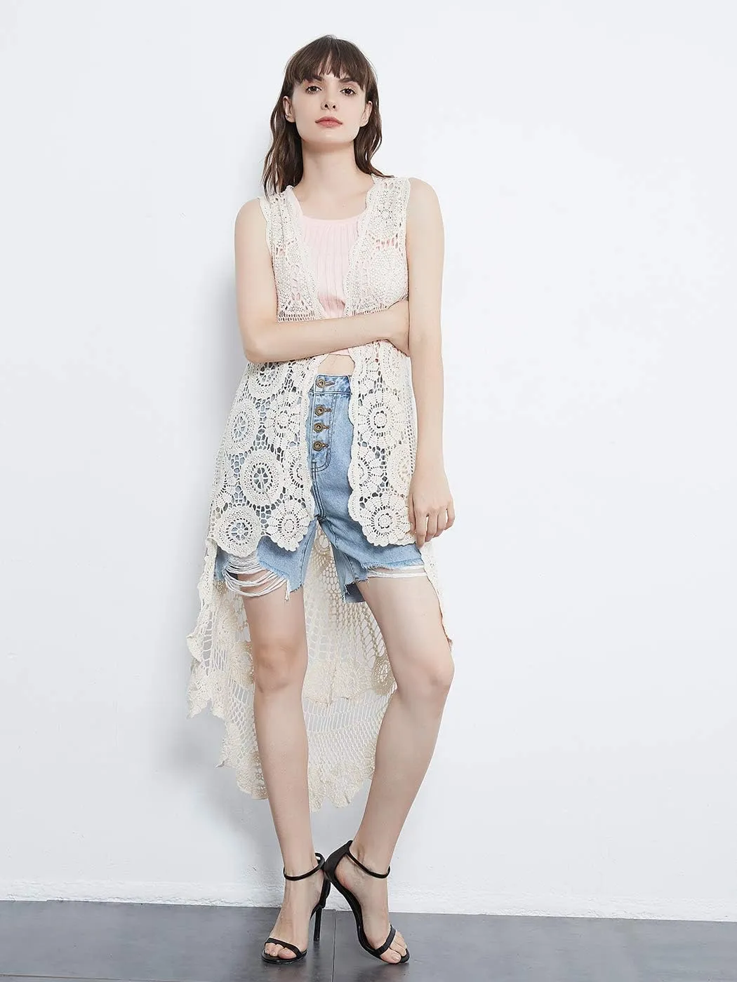 Anna-Kaci Womens Hippie Bohemian Floral Crochet Lace Trim Sleeveless Vest Cardigan
