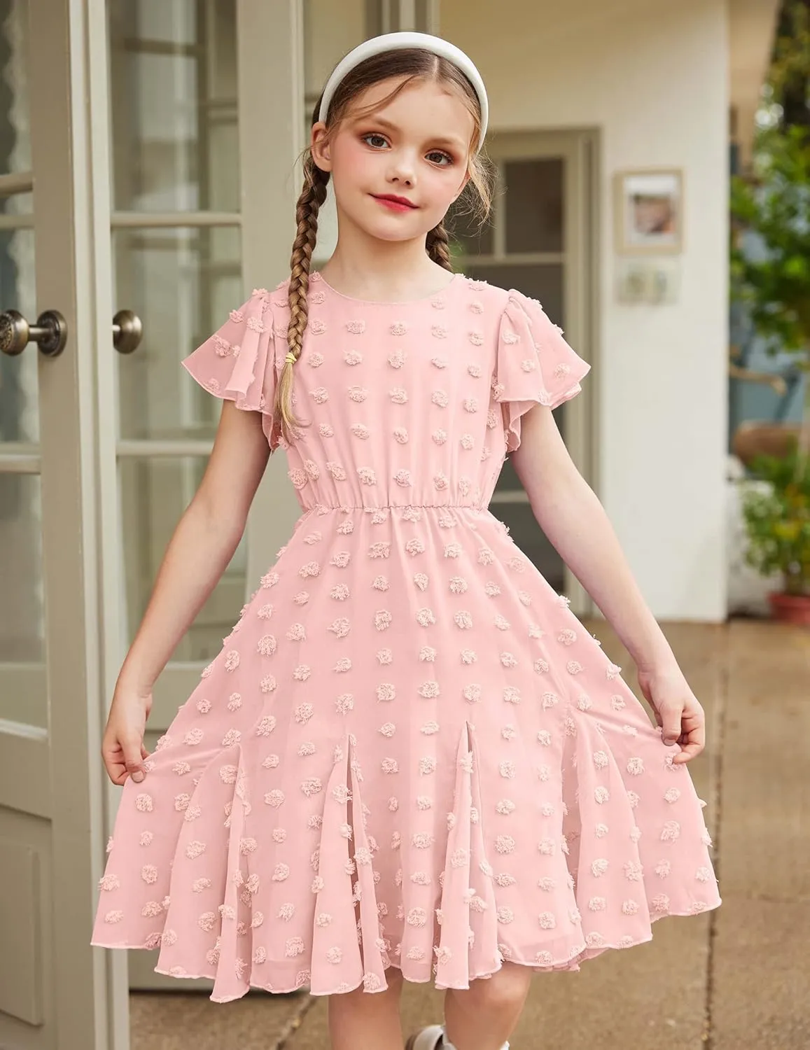 Arshiner Girls Girly Dress Swiss Dot Ruffle Short Sleeve Twirly Cute Dresses for 5-12 Years Old