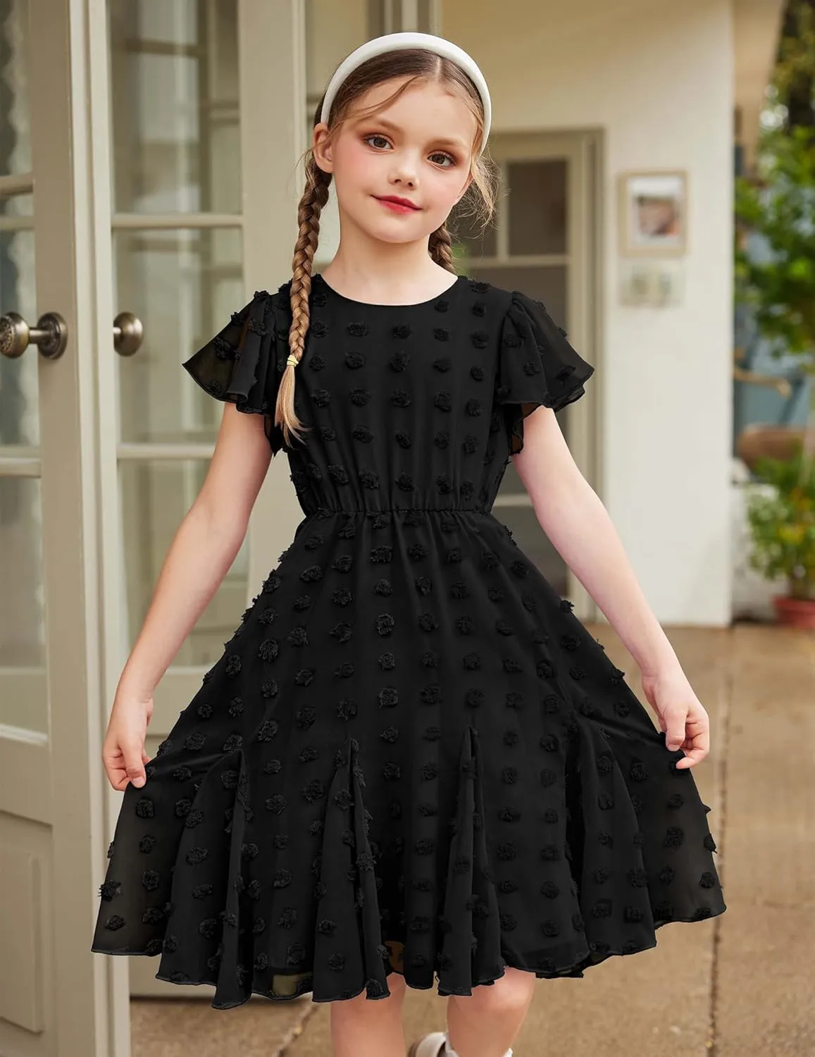 Arshiner Girls Girly Dress Swiss Dot Ruffle Short Sleeve Twirly Cute Dresses for 5-12 Years Old