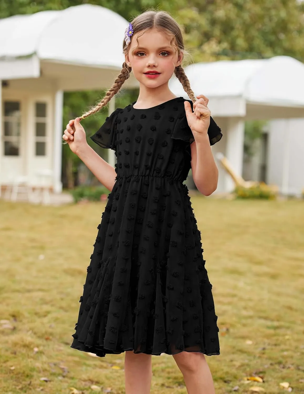 Arshiner Girls Girly Dress Swiss Dot Ruffle Short Sleeve Twirly Cute Dresses for 5-12 Years Old