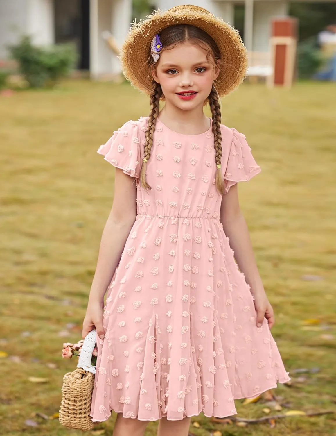 Arshiner Girls Girly Dress Swiss Dot Ruffle Short Sleeve Twirly Cute Dresses for 5-12 Years Old