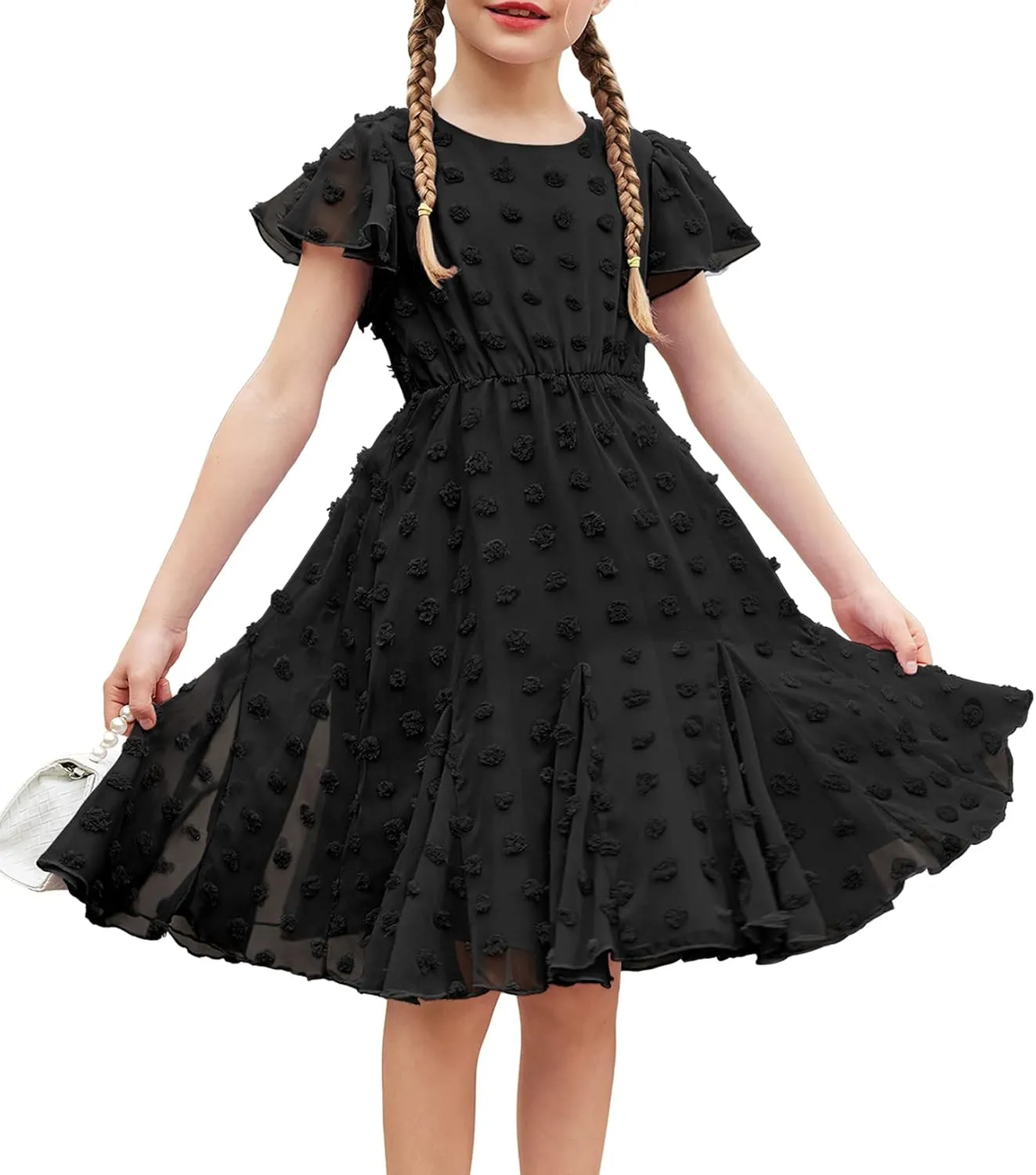 Arshiner Girls Girly Dress Swiss Dot Ruffle Short Sleeve Twirly Cute Dresses for 5-12 Years Old