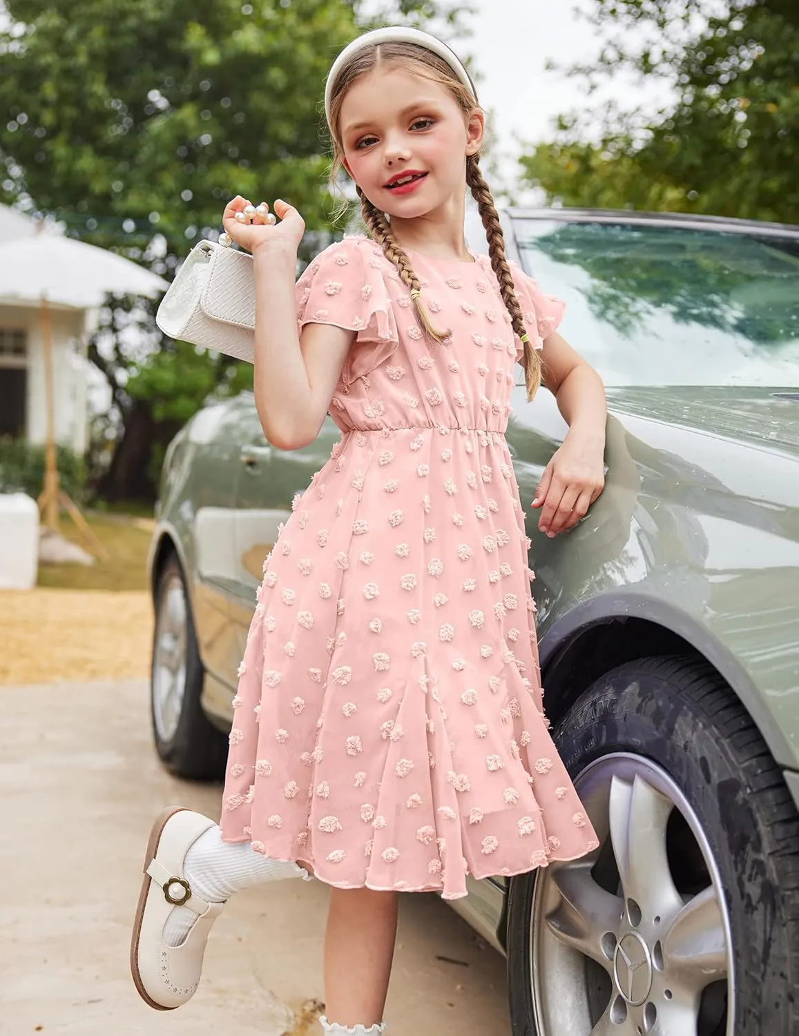 Arshiner Girls Girly Dress Swiss Dot Ruffle Short Sleeve Twirly Cute Dresses for 5-12 Years Old