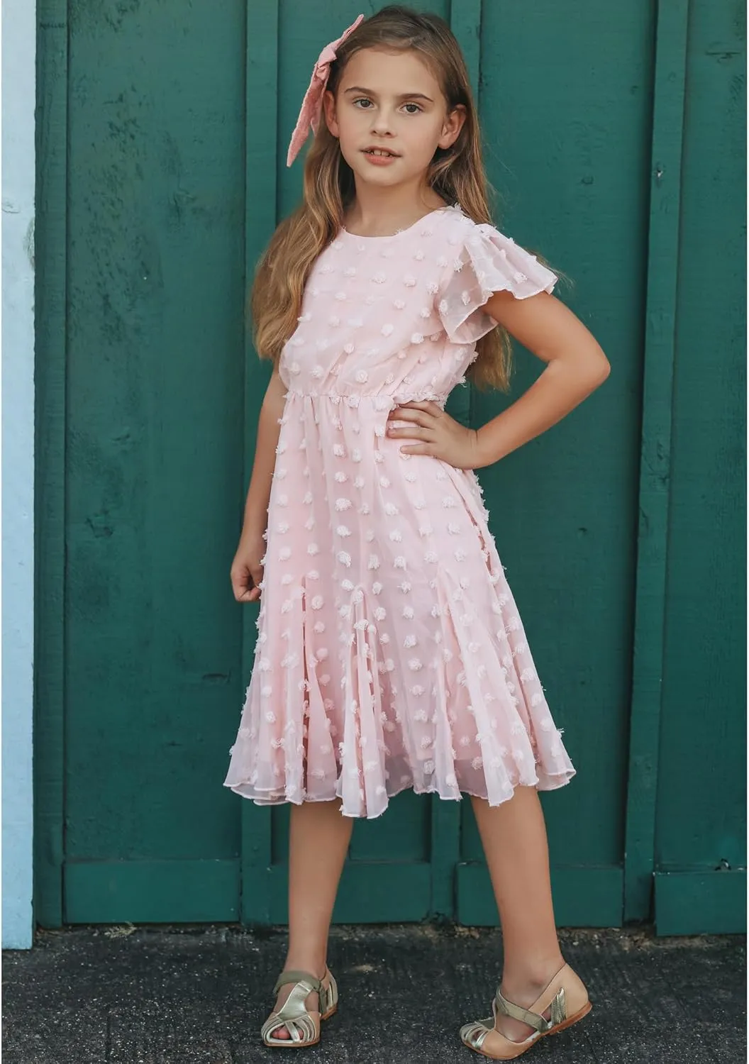 Arshiner Girls Girly Dress Swiss Dot Ruffle Short Sleeve Twirly Cute Dresses for 5-12 Years Old