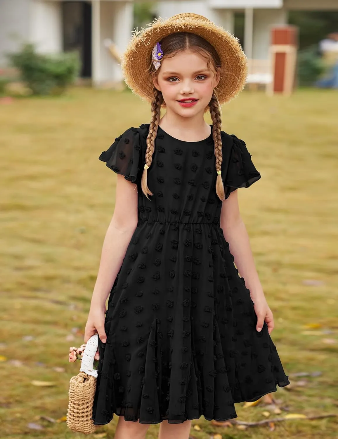 Arshiner Girls Girly Dress Swiss Dot Ruffle Short Sleeve Twirly Cute Dresses for 5-12 Years Old