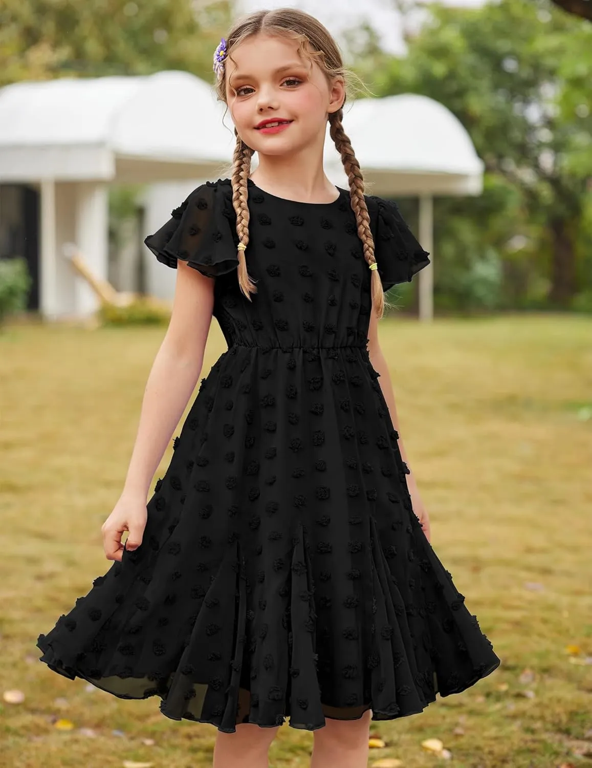 Arshiner Girls Girly Dress Swiss Dot Ruffle Short Sleeve Twirly Cute Dresses for 5-12 Years Old
