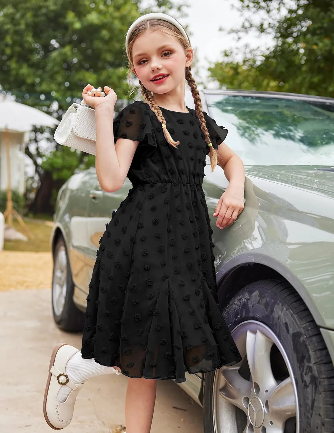 Arshiner Girls Girly Dress Swiss Dot Ruffle Short Sleeve Twirly Cute Dresses for 5-12 Years Old