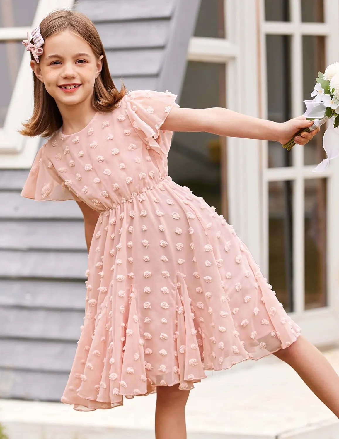 Arshiner Girls Girly Dress Swiss Dot Ruffle Short Sleeve Twirly Cute Dresses for 5-12 Years Old